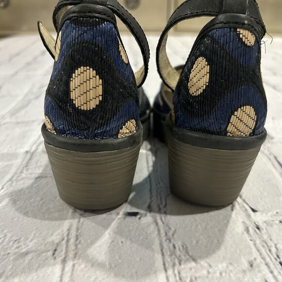 FLY London Yeji Sandals Blue Tan Geometric Wedge Peep Toe EU 38 US 7 - Picture 5 of 9